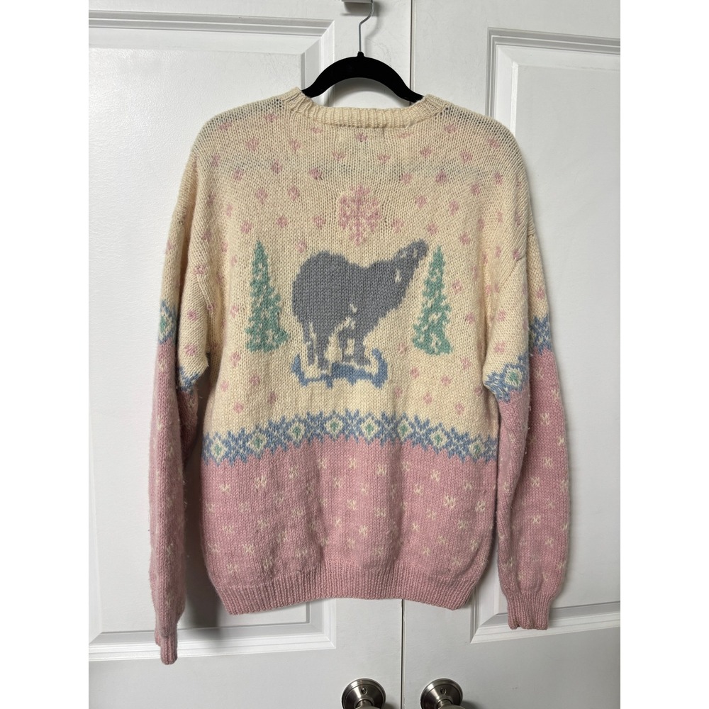 Vintage 1990 Eddie Bauer Wool Wolf Sweater Pink Cream Fair Isle Knit Large - Picture 2 of 9